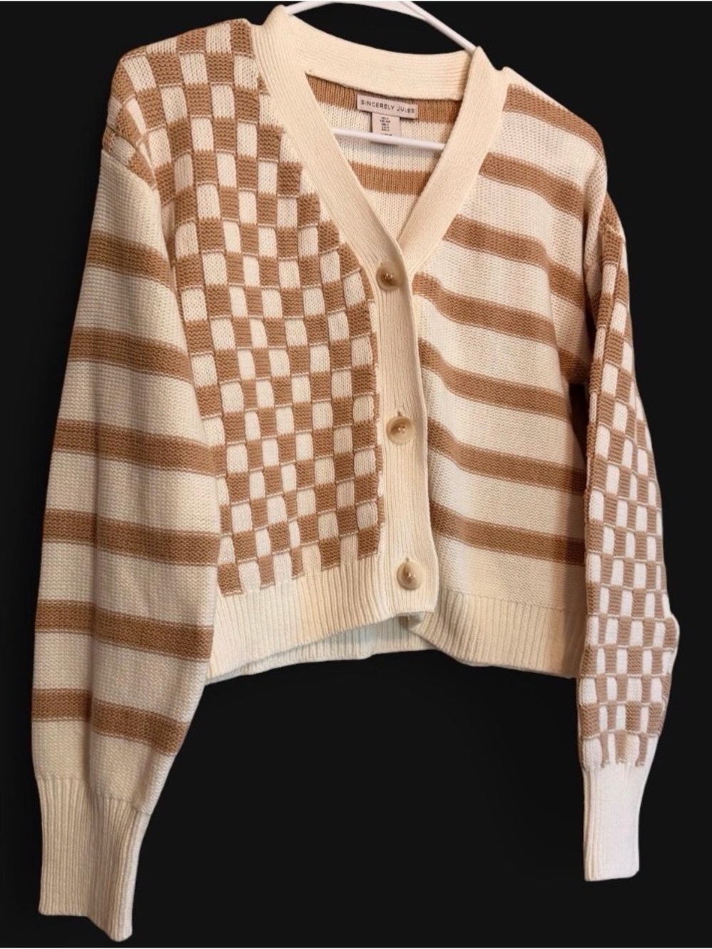 Sincerely Jules Checkerboard Stripe Block Cardigan Knit Sweater Neutrals Boho S